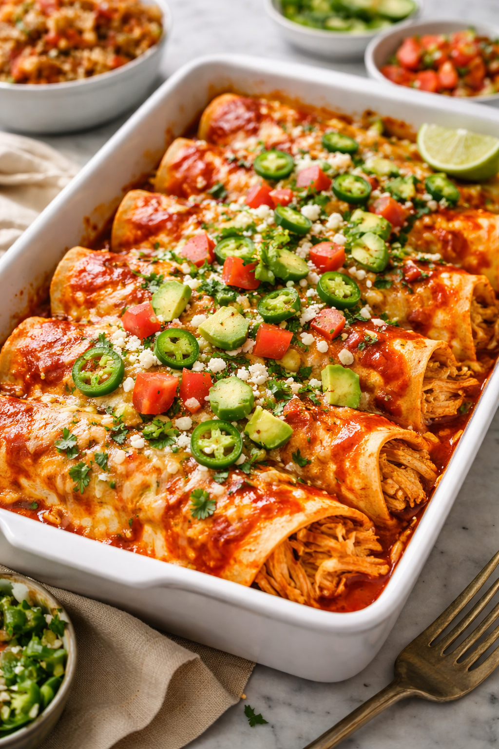 These spicy chicken enchiladas provide a beautiful balance of heat and flavor. It brings the heat and comfort. Perfect for weeknights when you want comfort with a little spicy heat. Enjoy!