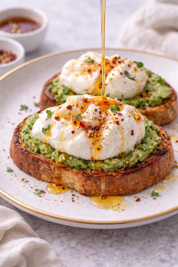Avocado burrata toast with chili honey. A modern gourmet brunch recipe with bold flavor and beautiful presentation.