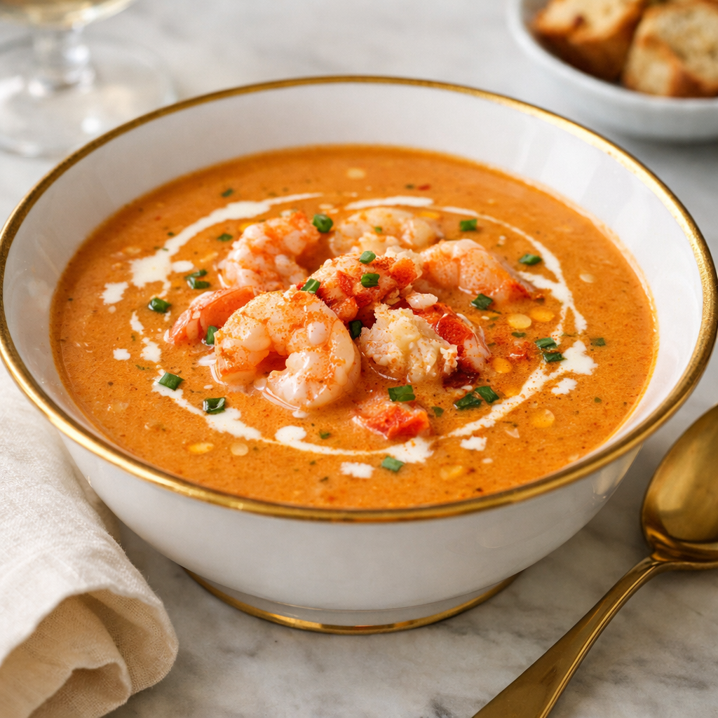 A rich, elegant shrimp and lobster bisque with a silky texture and deep seafood flavor—perfect for special occasions or cozy luxury dining. Enjoy!