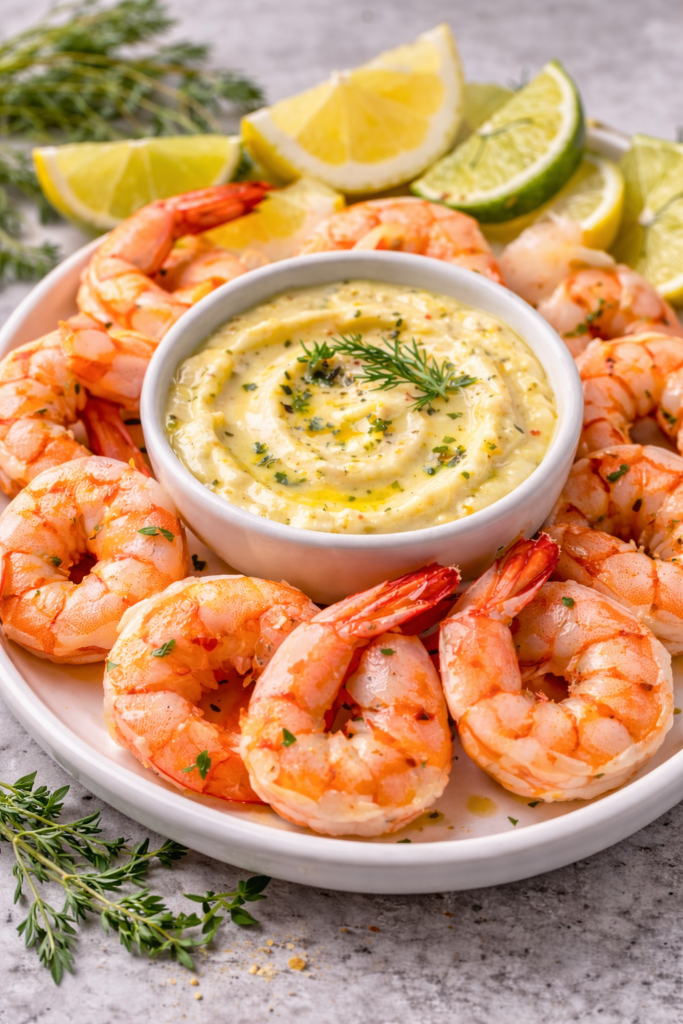 A refined twist on a classic — tender shrimp paired with a bright, herb-forward dipping sauce.